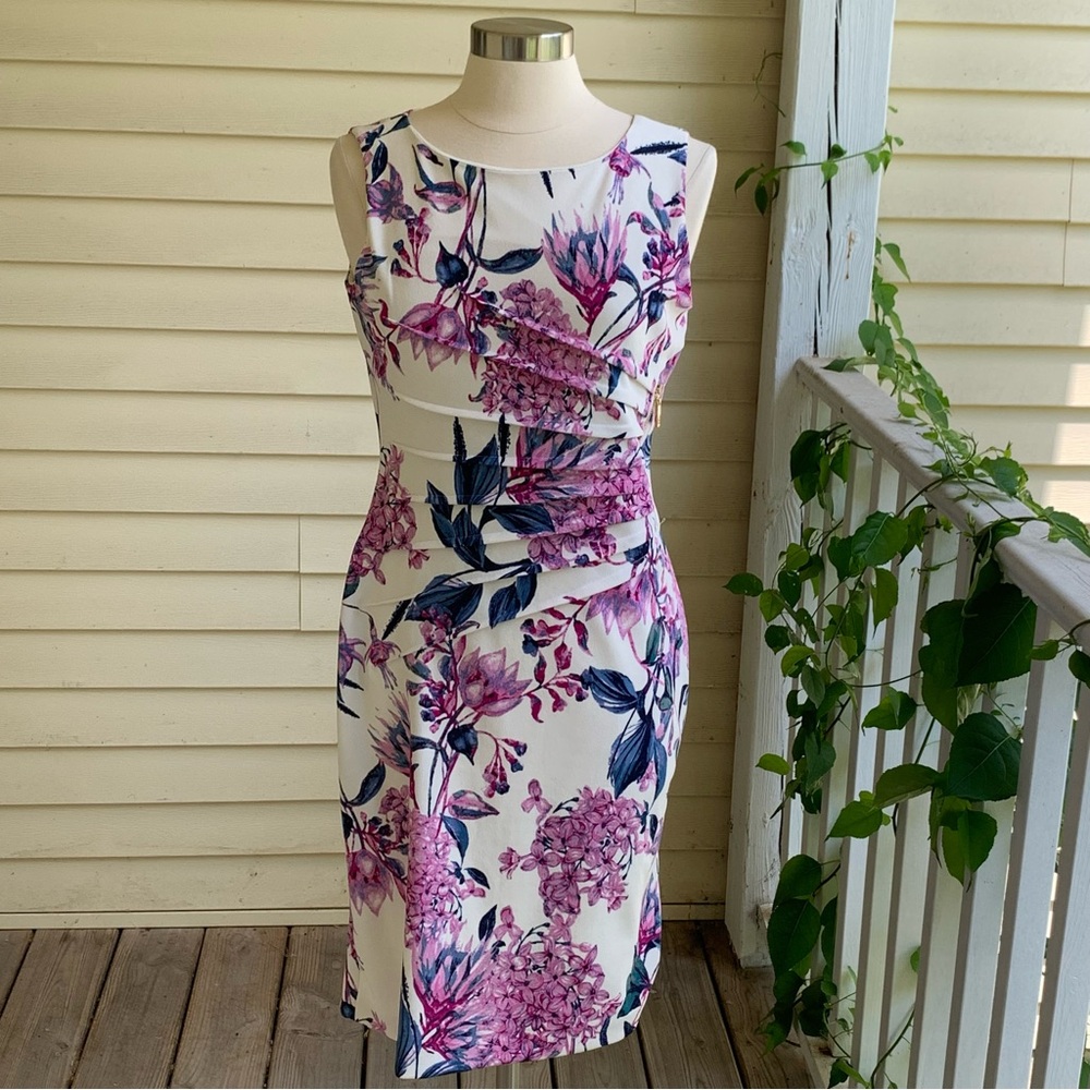 Ivanka Trump White Midi Dress with Pink and Blue Floral Print